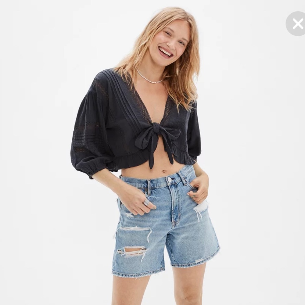 American Eagle V-Neck Lace Tie-Front Blouse